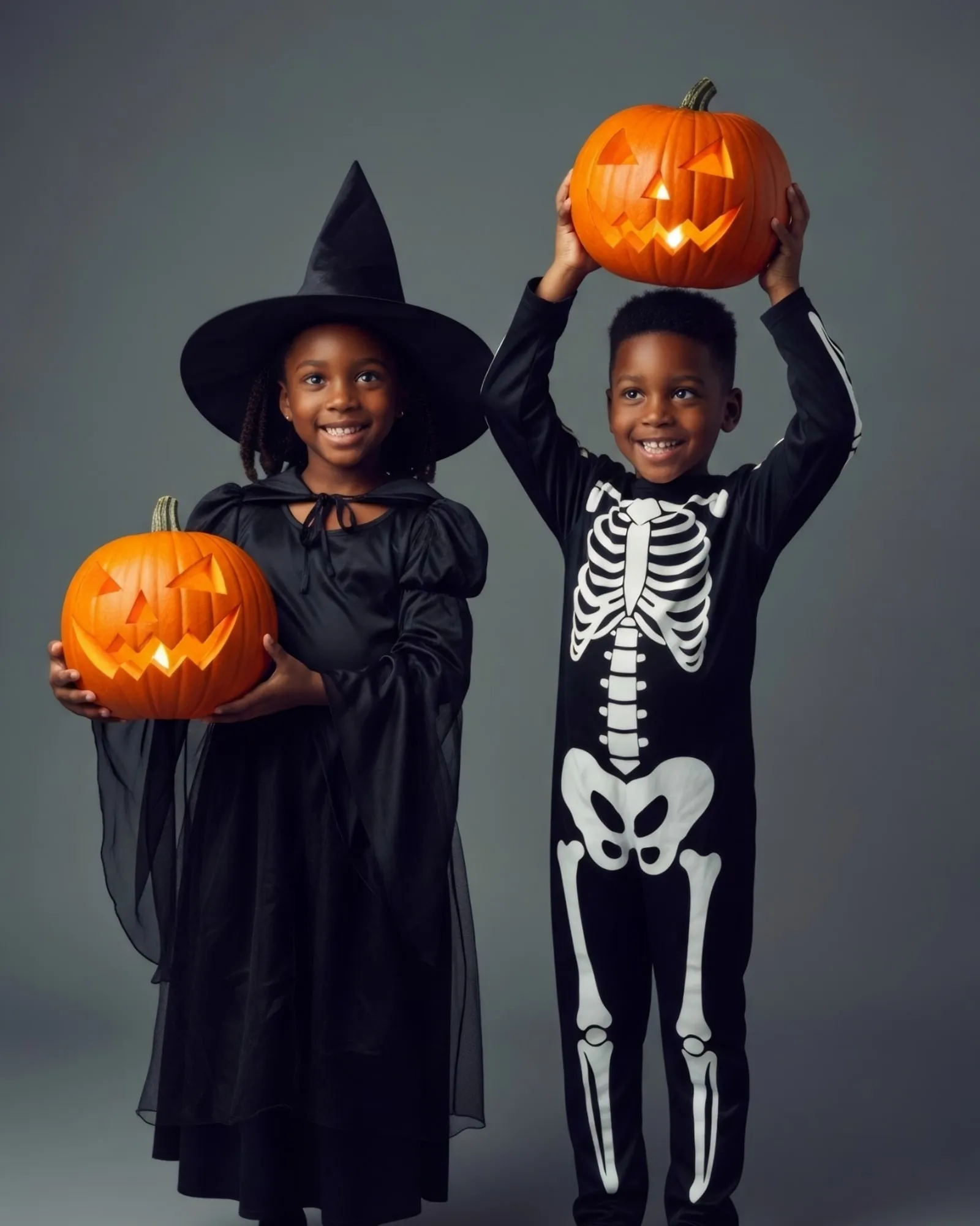 Two kids in witch and skeleton costumes holding glowing jack-o'-lanterns