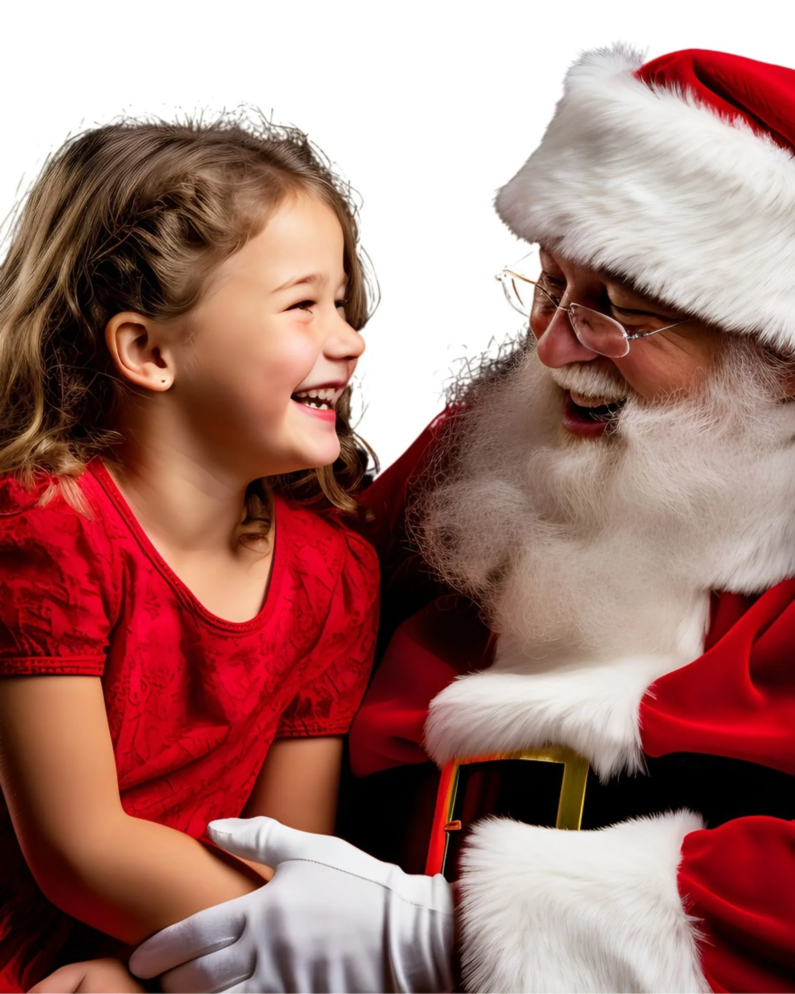 A little girl in a red dress laughing with Santa